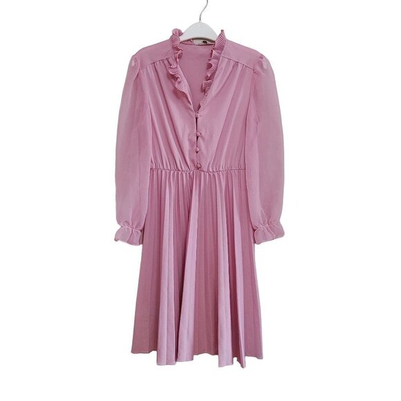Montgomery Ward Vintage According Pleated Ruffle Button Up V Neck Pink Dress Siz - Picture 1 of 4